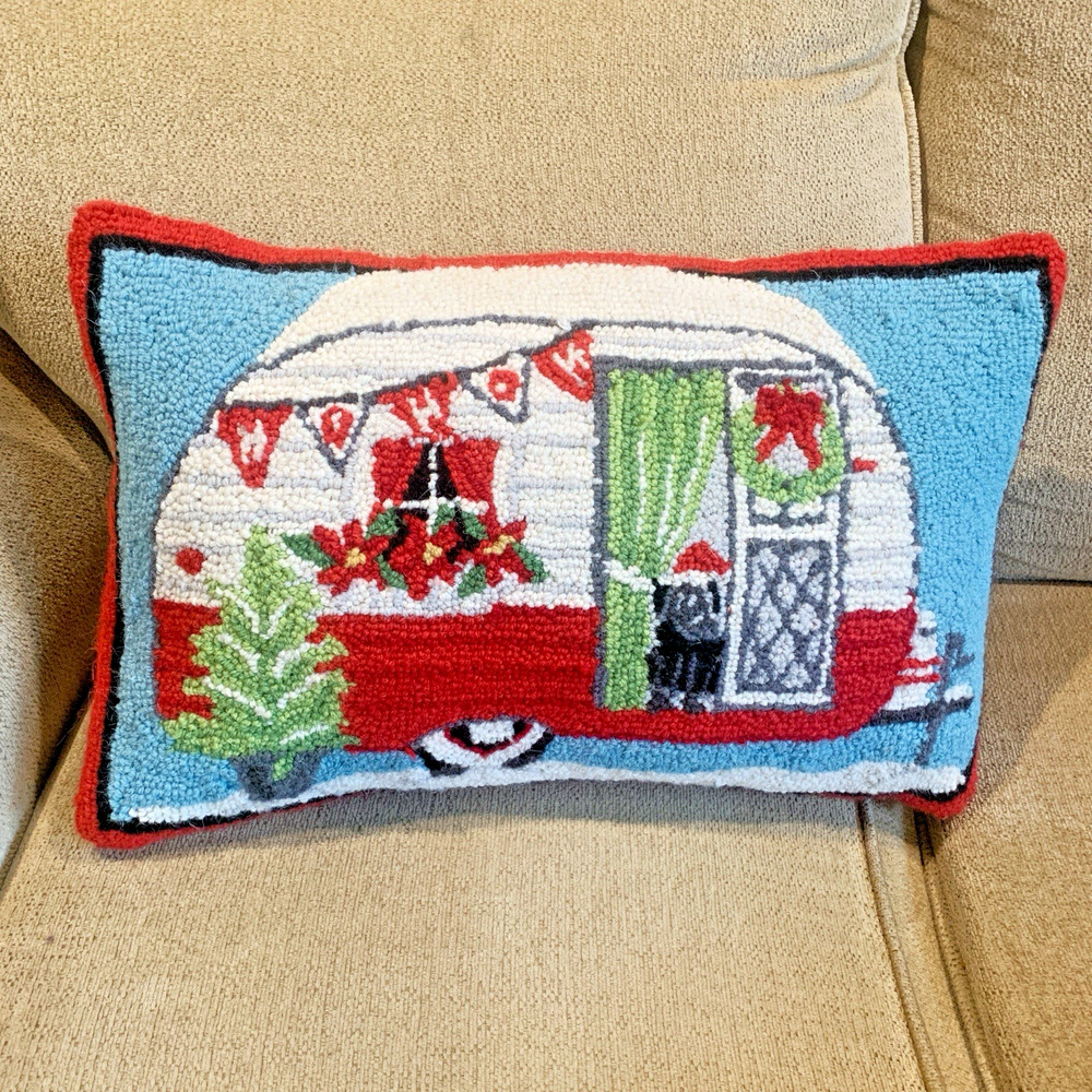 Wool Needlepoint Lumbar Pillow Christmas Rectangle Camper Retro